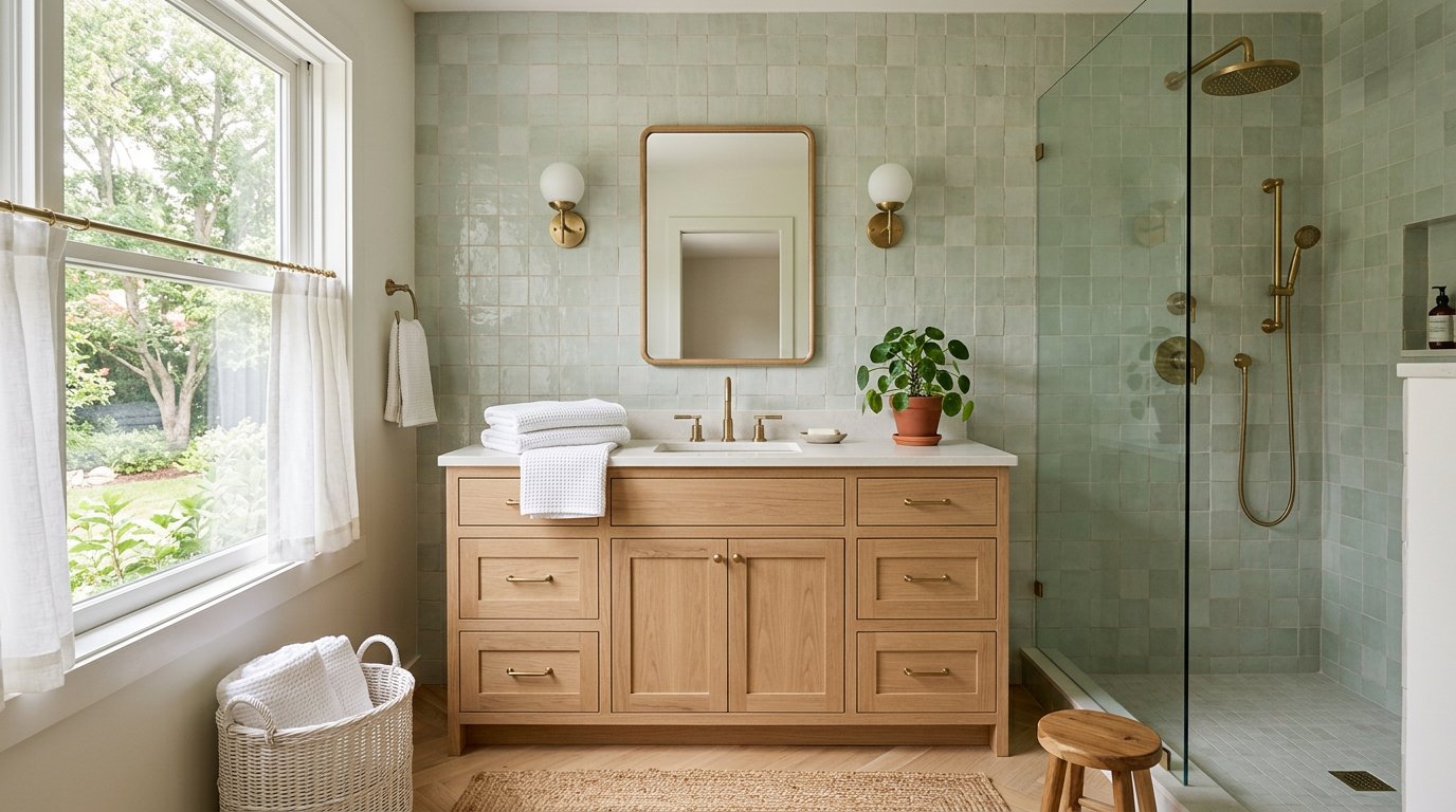 A serene remodeled bathroom with sage tile and a light oak vanity