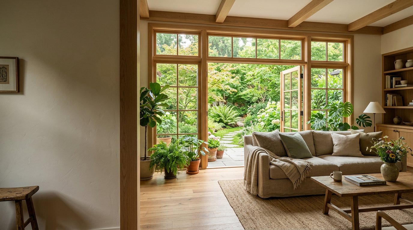 A thoughtfully renewed living room filled with garden light