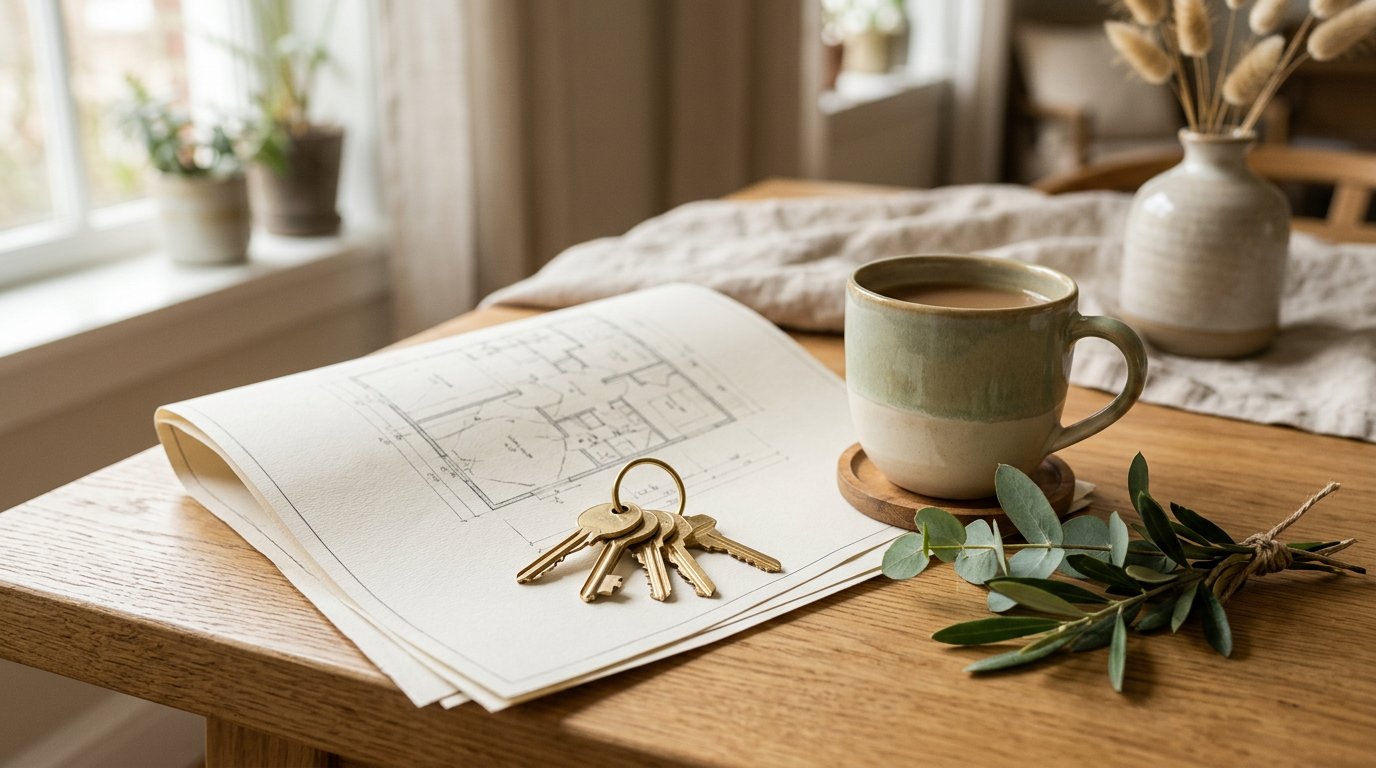 House keys and a home plan on a bright oak table