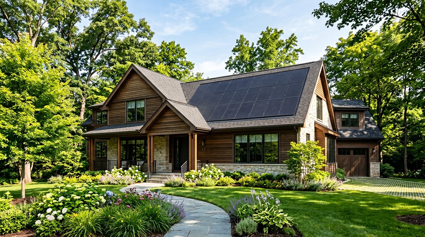 Solar panels set neatly into the roof of a leafy home